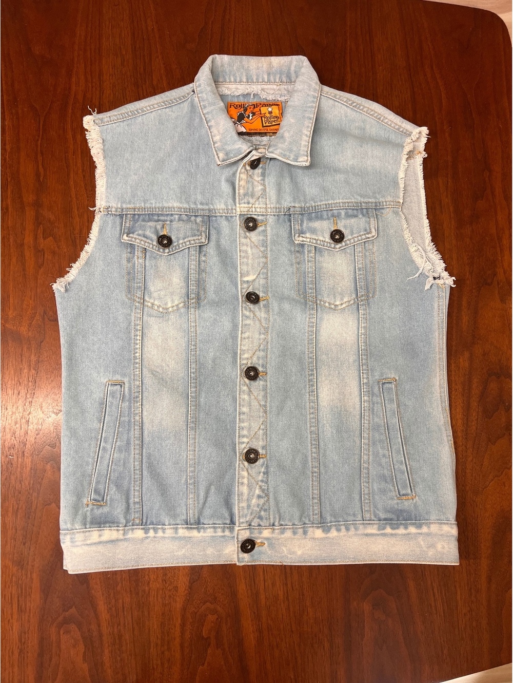 Rolling Paper Men Large Denim Vest Cutoff Frayed Biker Blue